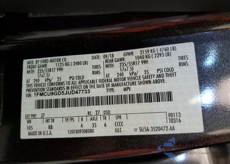 2018 Ford Escape Se z USA, uszkodzony, nr VIN 1FMCU9GD5JUD47733